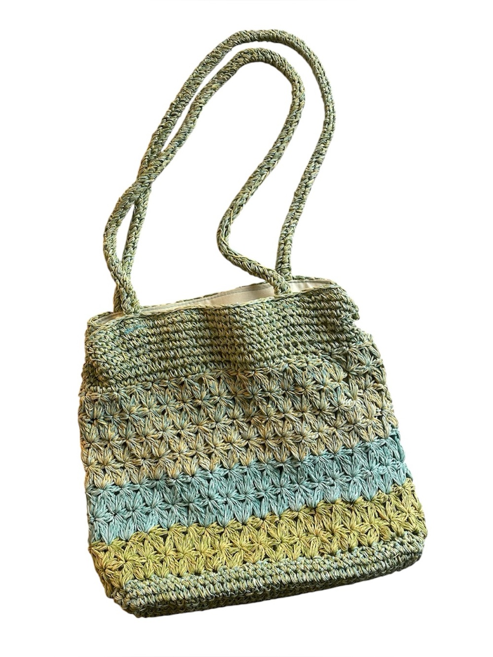 Vintage Carlo D’Santi Handwoven Straw Tote Bag in Sage and Teal Blue